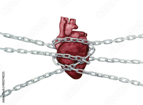 Watercolor realistic heart in the captive of the three chains