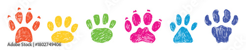 Crayon pet paws. Pencil drawing children style animal footprints. Cat dog tiger paw prints. Colorful decorative art animalistic neoteric vector elements