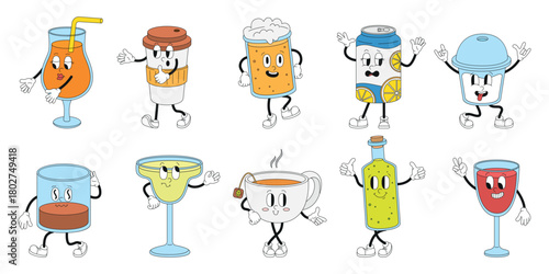 Groovy drinks characters. Coffee, tea, cocktails, soda can and juice. Isolated vintage style beverages, 80s 90s trendy character, neoteric vector set