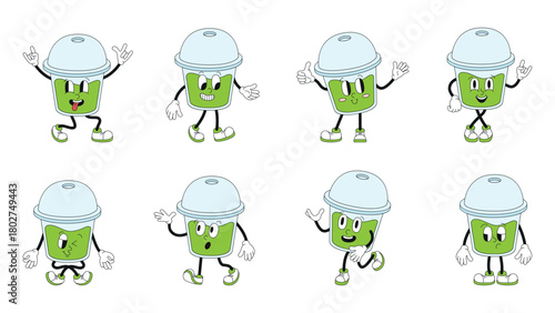 Groovy matcha character. Japanese plant tea characters in various poses. Isolated glass with green energy drink, asian beverages neoteric vector set
