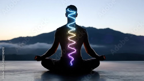 Meditating Man Silhouette with Animated Electric Energy Flowing Up Spine and Head in Peaceful Landscape