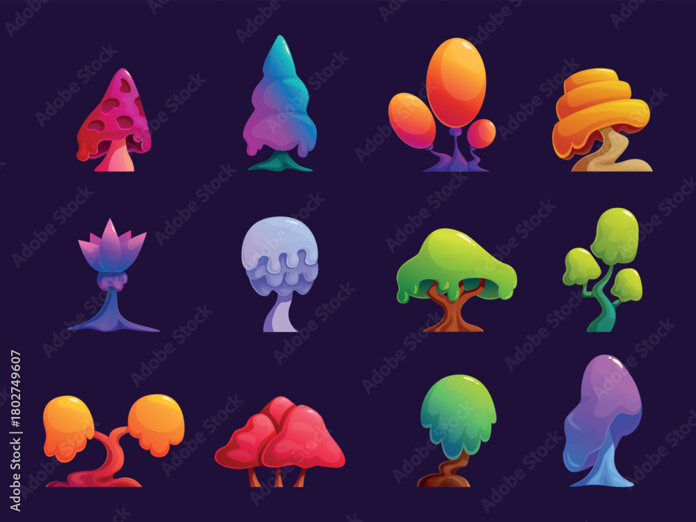 Obraz premium Magic vibrant tree. Fairy tale fantasy plants, magical forest park garden elements. Neon toxic slimy tree crowns, mystic cartoon plant sapid vector set