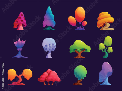 Magic vibrant tree. Fairy tale fantasy plants, magical forest park garden elements. Neon toxic slimy tree crowns, mystic cartoon plant sapid vector set