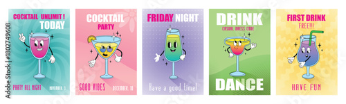 Groovy characters cocktails posters. Party invitation cards or banners for bar, cafe, beach club. Festive drinks, smoothie and alcoholic cocktail, neoteric vector templates