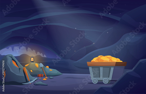 Cartoon mining background. Mine in mountain, miners tools, cart with golden bars and stones. Stone cave with gems, dynamite, shovel, sapid vector scene