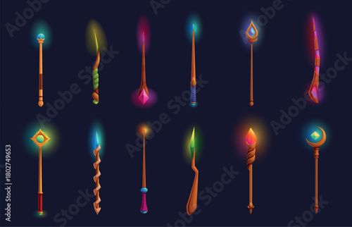 Magic wands. Wooden wand with gems, magical stones and lights. Wizard witch equipment for spells, fairy tale mystic elements, sapid vector set