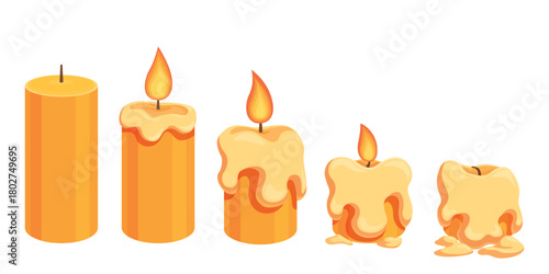 Burning cartoon candle. Wax candles with fire flame, step by step burn and melts. Medieval lighting, atmosphere home decorations. Extinguished candle sapid vector set
