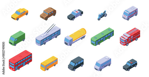 Isometric city transport. Urban modern 3d auto, bus, truck. Cars and public vehicle, motorbike, police, ambulance, taxi and fire, nifty vector clipart