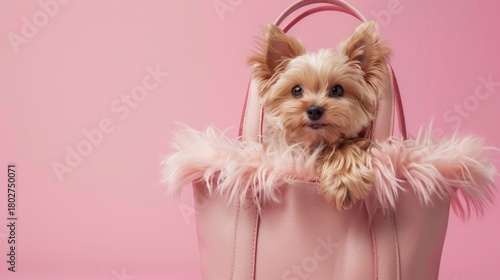 A small tan Yorkshire Terrier peeks out from a pink handbag with fluffy trim. The background is a soft pink, creating a playful and stylish atmosphere.