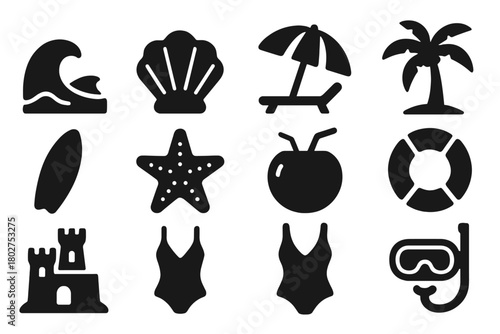 Beach Vacation Icons. Solid style icons of Ocean beach vacation: sea wave, seashell, umbrella, sunbed, palm tree, surfboard,