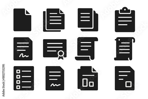 Document Handling Icons. Solid style icons of Document handling: paper sheet, multiple documents, stacked papers, clipboard with
