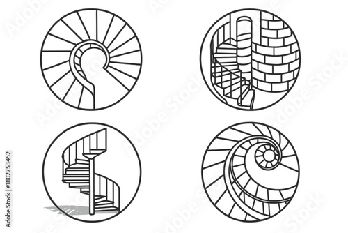 Spiral Staircase Icons. Line style icons of siege elements in round shape: battering ram, siege tower, ladder on wall, catapult;