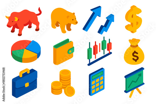 Investment Icons. Isometric vector illustration set Investment Portfolio Icons: bull icon, bear icon, growth arrow, dollar sign,