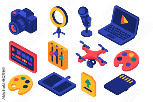 Digital Creator Icons. Isometric vector illustration set Digital Creator Icons: camera, ring light, microphone, laptop, video