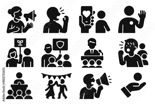 Community Outreach Icons. Solid style icons of community outreach: teacher with megaphone, activist shout, charity call, volunteer