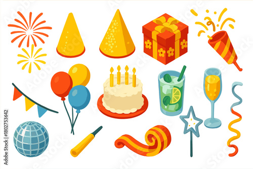 Festive Celebration Icons. Isometric vector illustration set celebration elements: red and yellow fireworks, glittery cone hat,
