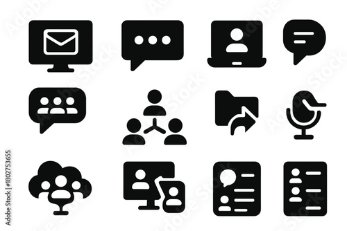 Digital Communication Icons. Solid style icons of computer communication: email screen, chat window, video call monitor, forum