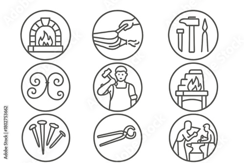 Traditional Blacksmith Icons. Line style icons of traditional blacksmithing in round shape: medieval forge, bellows pumping, old