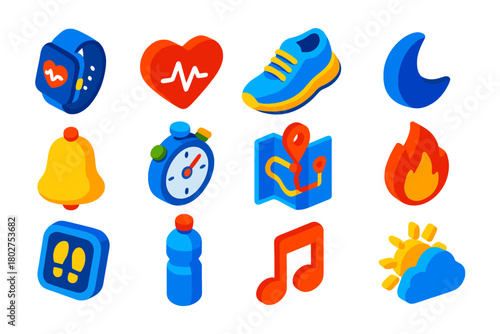 Fitness Monitoring Icons. Isometric vector illustration set Fitness Monitoring Icons: smartwatch, heart symbol, sports shoe, moon