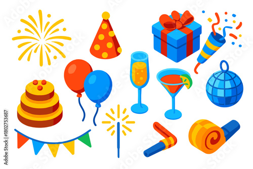Vibrant Celebration Icons. Isometric vector illustration set celebration elements: golden fireworks explosion, polka dot party hat