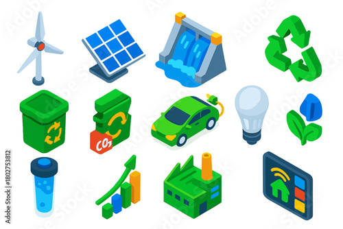 Renewable Energy Icons. Isometric vector illustration set Renewable Energy and Recycling Icons: wind turbine, solar panel, hydro