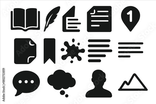 Story Elements Icons. Solid style icons of Story elements: book, quill, manuscript, chapter marker, page turn, bookmark, ink