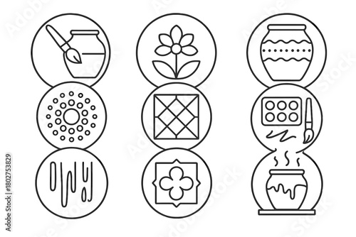 Ceramic Painting Icons. Line style icons of ceramic painting in round shape: brush on pot, floral motif, linework decoration, dot