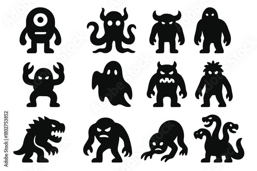 Solid Monster Icons. Solid style icons of monsters: one-eyed monster, tentacle monster, horned beast, clawed monster, shadowy