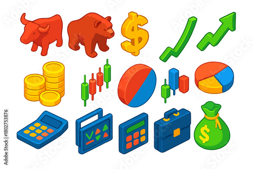 Financial Icons Set. Isometric vector illustration set Financial Analysis Icons: bull, bear, dollar sign, growth arrow, coins
