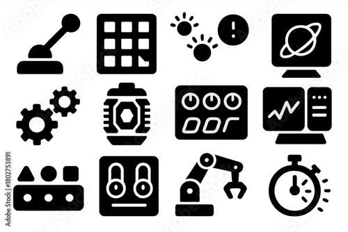 Futuristic Sci-Fi Tools. Solid style icons of Science fiction tools: lever, button panel, blinking lights, holographic display,