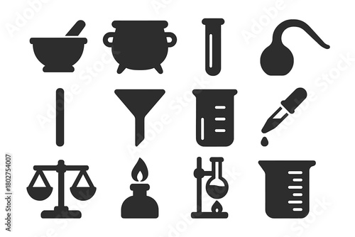 Alchemy Tools Icons. Solid style icons of Alchemy tools: mortar and pestle, cauldron, test tube, retort, stirring rod, funnel,