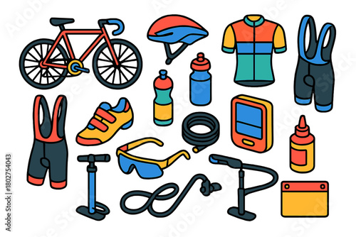 Cycling Race Gear. Isometric vector illustration set Cycling Race Gear Outline Style: road bike, aero helmet, cycling jersey, bib