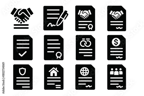 Solid Style Contracts Icons. Solid style icons of Agreements: handshake contract, agreement form, partnership file, signed paper,