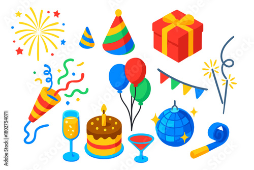 Celebration Icon Set. Isometric vector illustration set cycling essentials: BMX stunt bike, downhill helmet, hydration pack bottle