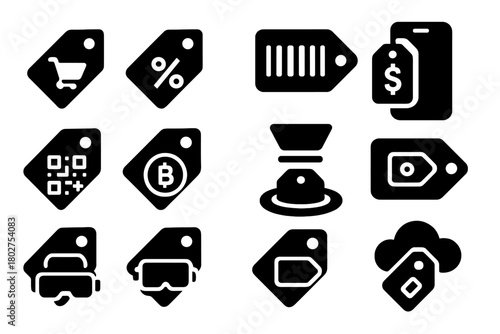 Digital Price Tag Icons. Solid style icons of digital price tags: online store tag, e-commerce label, digital barcode, mobile