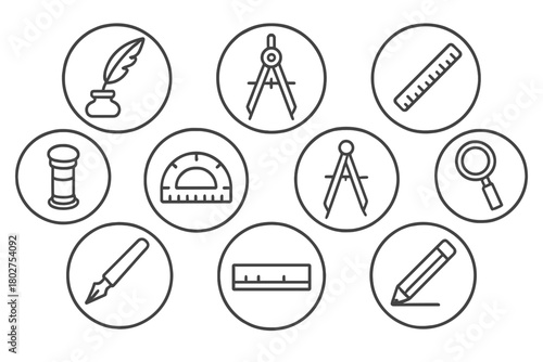 Cartographer's Tools Icons. Line style icons of cartographer’s tools in round shape: ink quill, drafting compass, ruler, magnifier