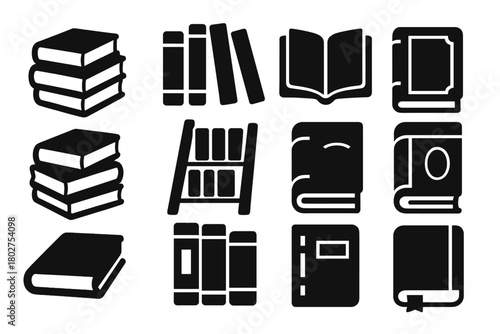 Solid Style Book Icons. Solid style icons of Book collection: stack of books, row of books, open pages, book pile, shelf ladder,
