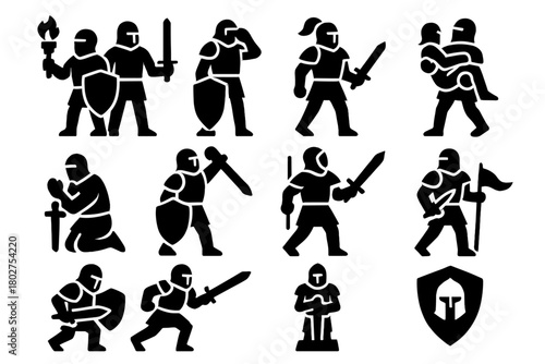 Heroic Knights Icons. Solid style icons of heroic knights: knight with torch, knight on guard, knight saluting, knight rescuing,
