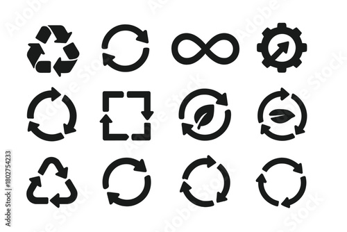 Cycle and Loop Icons. Solid style icons of Cycles and loops: recycle arrows, circular motion, infinity loop, arrow around gear,