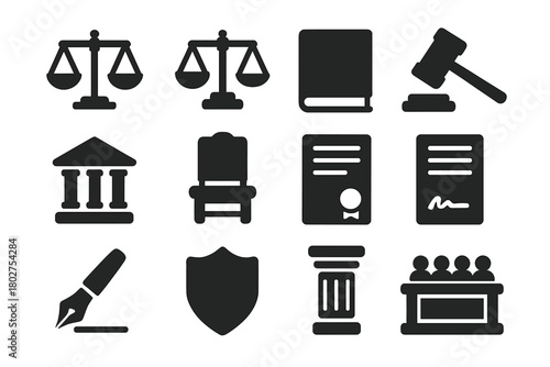 Justice Icons Collection. Solid style icons of justice symbols: balanced scales, unbalanced scales, law book, gavel hammer,