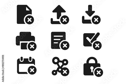 Process Halt Icons. Solid style icons of process halt: file stop, upload canceled, download stopped, print job ended, document