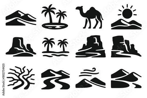 Egyptian Desert Icons. Solid style icons of Egyptian desert landscape: sand dunes, oasis, camel, palm tree, sun, desert rock