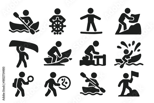 Adventure Icon Set. Solid style icons of Adventure actions: paddling, steering, balancing, navigating, portaging, launching kayak,