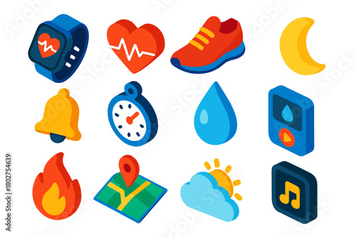 Athlete Tracker Icons. Isometric vector illustration set Athlete Tracker Icons: smartwatch, heartbeat, sneaker, moon icon,