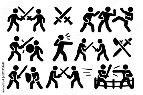Dynamic Combat Icons. Solid style icons of combat: duel fighters, sword clash, hand to hand combat, shield block, strike motion,