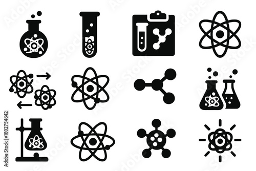 Chemistry Atom Icons. Solid style icons of Chemistry atoms: atom in flask, atom in tube, molecule bond test, atomic structure,