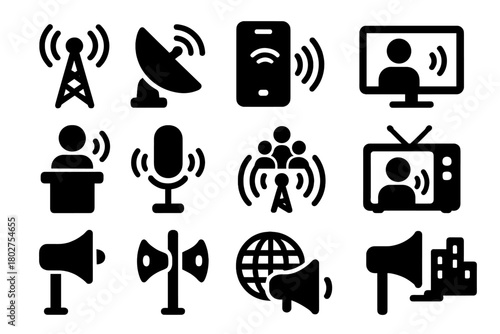 Broadcasting Icons Collection. Solid style icons of broadcasting: radio tower, satellite dish, streaming signal, online broadcast,