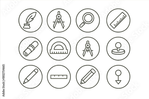 Cartographer's Tools Icons. Line style icons of plant growth stages in round shape: seed, sprout, young plant, flowering stage;
