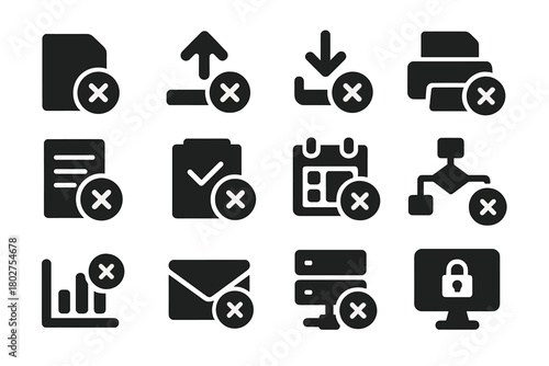 Process Halt Icons. Solid style icons of process halt: file stop, upload canceled, download stopped, print job ended, document