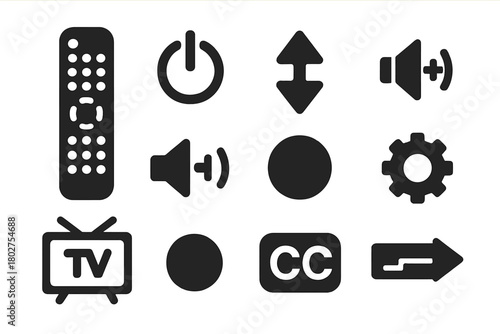 TV Remote Control Icons. Solid style icons of TV controls: remote with buttons, power symbol, channel up, channel down, volume up,